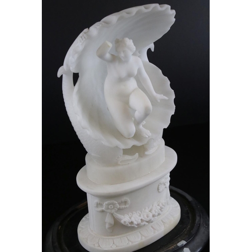 150 - Carved Alabaster Grand Tour style Sculpture of Venus kneeling within an open clam shell held by dolp... 