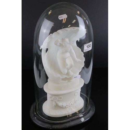 150 - Carved Alabaster Grand Tour style Sculpture of Venus kneeling within an open clam shell held by dolp... 