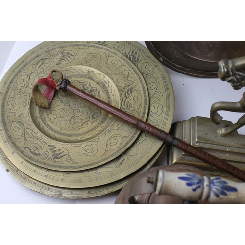 163 - Box of mixed copper and brass ware to include kettles, plates and candlesticks