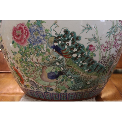 167 - Large Chinese Famille Rose Fish Bowl / Planter decorated with Peacocks and Birds amongst Peonies and... 