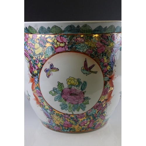 169 - Chinese style Famille Rose Fish Bowl / Planter, hand painted with exotic birds, butterflies and flow... 