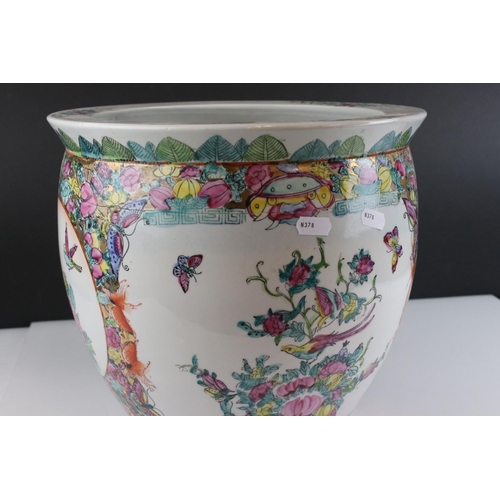 169 - Chinese style Famille Rose Fish Bowl / Planter, hand painted with exotic birds, butterflies and flow... 