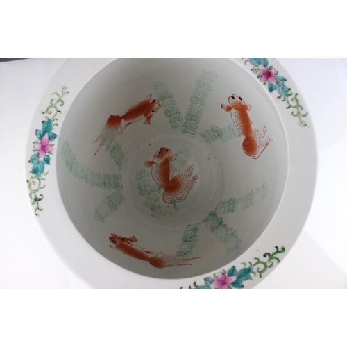 169 - Chinese style Famille Rose Fish Bowl / Planter, hand painted with exotic birds, butterflies and flow... 