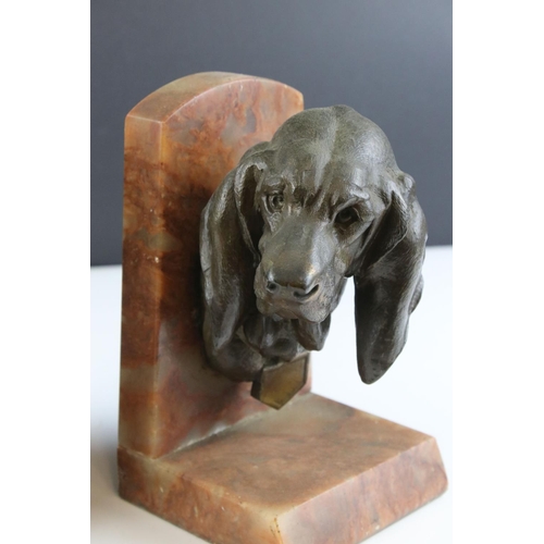 170 - Pair of Early 20th century Orange Marble Bookends mounted with Spelter Busts of Dogs (not matching),... 