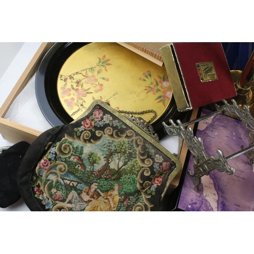 171 - Tray of Mixed Collectable Items including Pair of Brass Candlesticks, Russian Lacquered Box, Playing... 