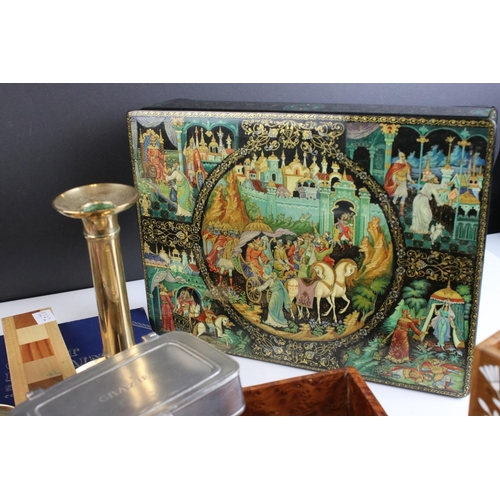 171 - Tray of Mixed Collectable Items including Pair of Brass Candlesticks, Russian Lacquered Box, Playing... 