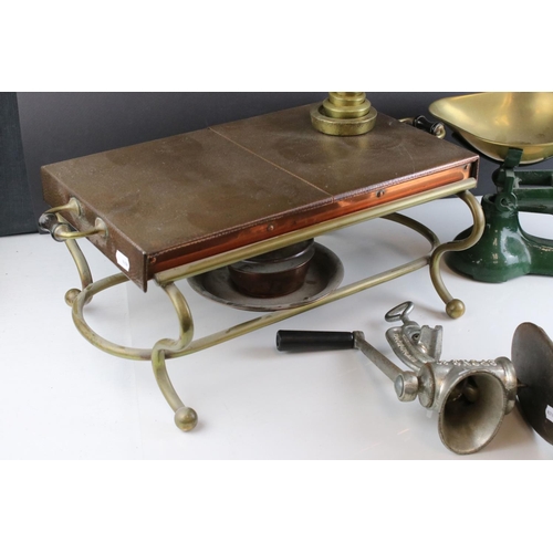 173 - Box of mixed collectables to include vintage kitchen scales and a wrought iron shoe last