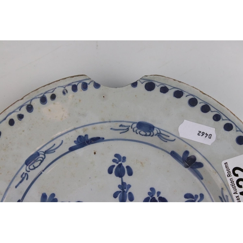 422 - Two English Delft blue and white plates and a Delft vase. Part of an extensive collection of items f... 