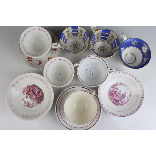 432 - A group of mainly 19th century cups and saucers to include Lustre together with a 19th century blue ... 