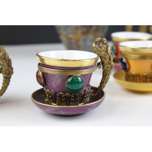 443 - Gilt metal and porcelain coffee set, probably made for the Turkish or Persian market, approx 18cm hi... 