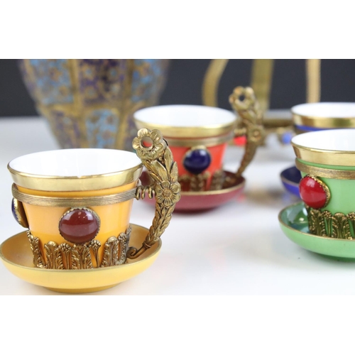 443 - Gilt metal and porcelain coffee set, probably made for the Turkish or Persian market, approx 18cm hi... 