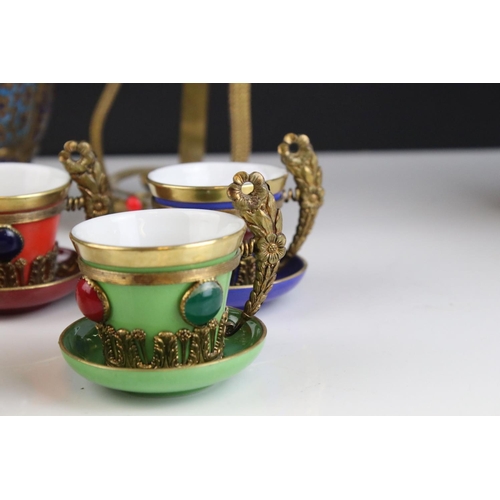 443 - Gilt metal and porcelain coffee set, probably made for the Turkish or Persian market, approx 18cm hi... 