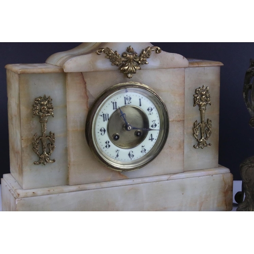 448 - A late 19th century Alabaster mantle clock with gilt decoration together with another clock (A/F).