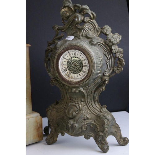 448 - A late 19th century Alabaster mantle clock with gilt decoration together with another clock (A/F).