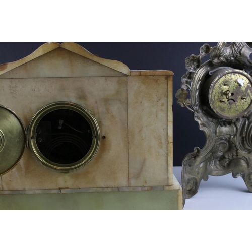 448 - A late 19th century Alabaster mantle clock with gilt decoration together with another clock (A/F).