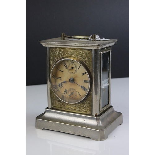 474 - Vintage brass and chrome carriage clock with subsidiary second & hour markers