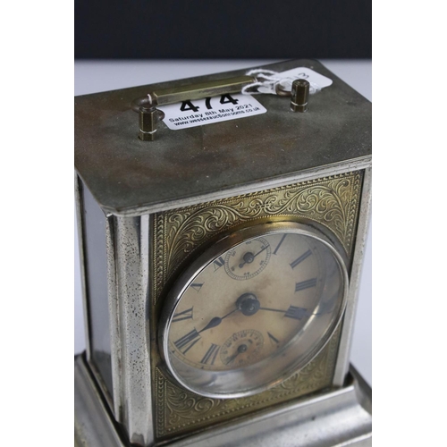 474 - Vintage brass and chrome carriage clock with subsidiary second & hour markers