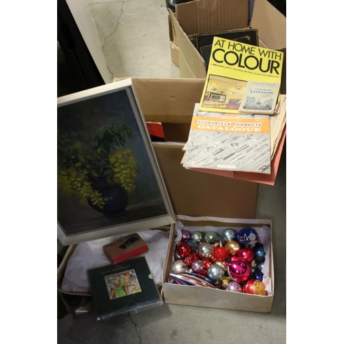 481 - A box of mixed collectables to include vintage glass Christmas decoration, opera glasses and framed ... 