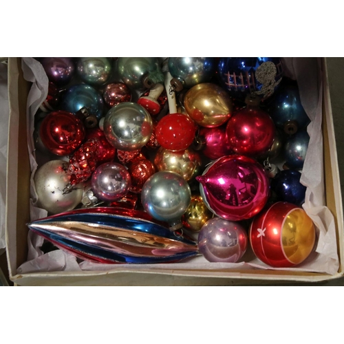 481 - A box of mixed collectables to include vintage glass Christmas decoration, opera glasses and framed ... 