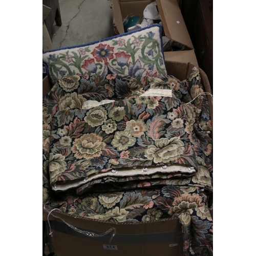 514 - Box of tapestry foliate curtains, together with tie backs and pelmet & a similar cushion