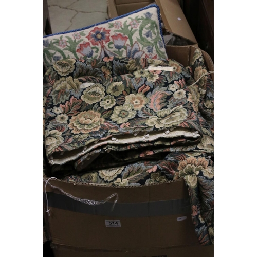 514 - Box of tapestry foliate curtains, together with tie backs and pelmet & a similar cushion