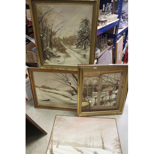 520 - Four late 20th century oil on canvas paintings, three winter landscapes and one similar painted from... 