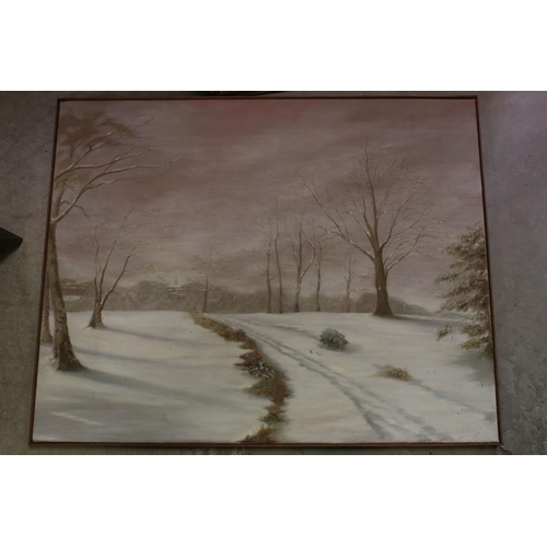 520 - Four late 20th century oil on canvas paintings, three winter landscapes and one similar painted from... 