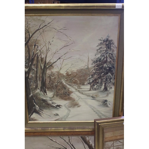 520 - Four late 20th century oil on canvas paintings, three winter landscapes and one similar painted from... 