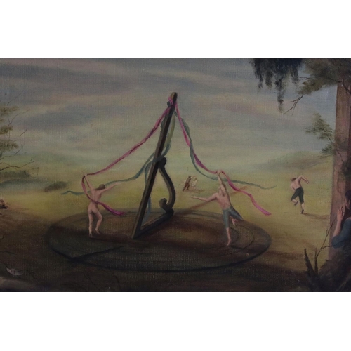 558 - Velga mid 20th century oil on canvas surrealist nudes and semi clad figures on a maypole made from a... 