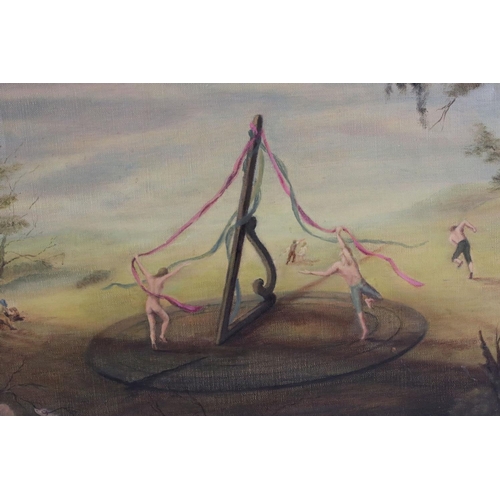 558 - Velga mid 20th century oil on canvas surrealist nudes and semi clad figures on a maypole made from a... 