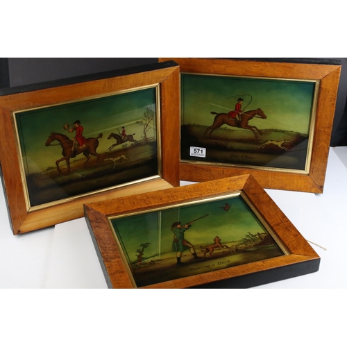 571 - A three antique style hunting prints mounted in maple veneer frames.