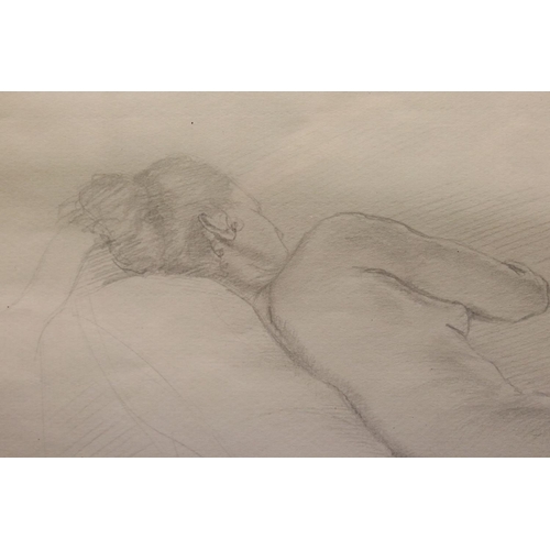 572 - A framed and glazed pencil drawing sketch of a recumbent nude women unsigned 20 x 43 cm.