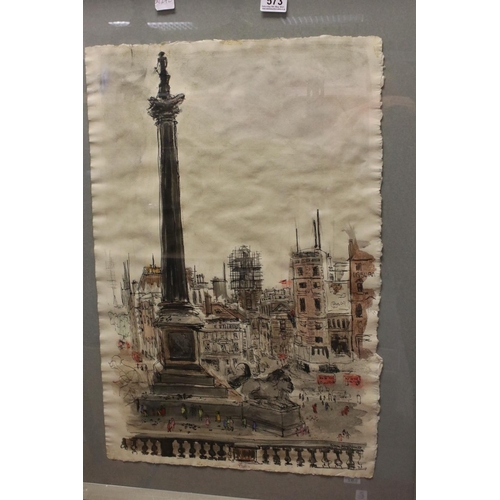 573 - Mid 20th century pen and watercolour Trafalgar Square with figures, indistinct signature first name ... 