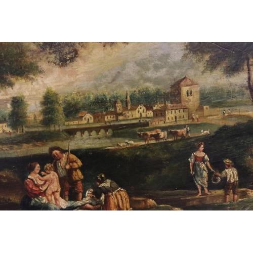 577 - An Early 19th century oil on panel rural village scene with cattle and figures to foreground mounted... 