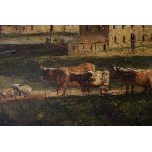 577 - An Early 19th century oil on panel rural village scene with cattle and figures to foreground mounted... 