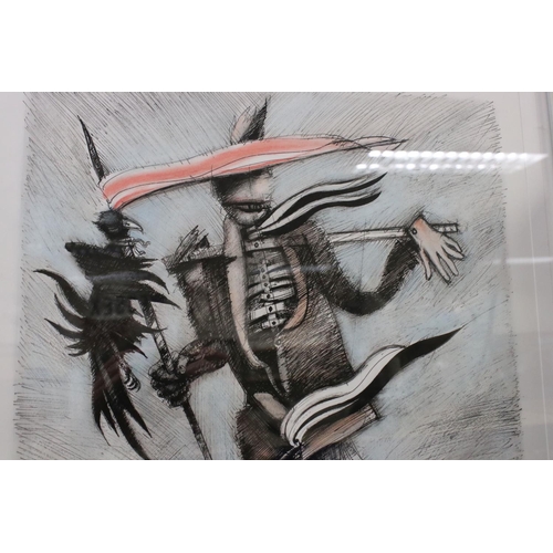 580 - Ink and wash picture of a macabre scarecrow, signed Trigg '79 to lower right, approx 50cm x 35cm