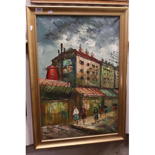 583 - A contemporary oil on canvas painting of a Continental Street scene with figures with indistinct sig... 