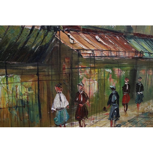 583 - A contemporary oil on canvas painting of a Continental Street scene with figures with indistinct sig... 