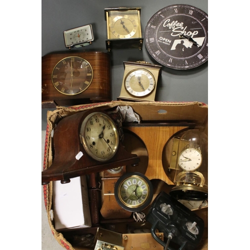 588 - A box of vintage wall clocks, mantle clocks and carriage clocks to include Metamec and schatz exampl... 