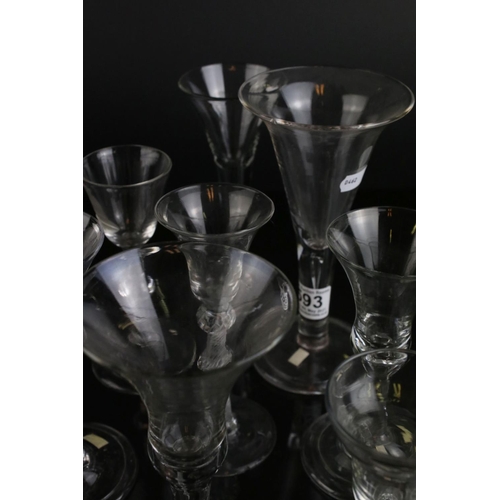 593 - A quantity of 18th and 19th wine and Cordial glasses some with air twist stem decoration single and ... 