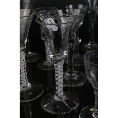 593 - A quantity of 18th and 19th wine and Cordial glasses some with air twist stem decoration single and ... 