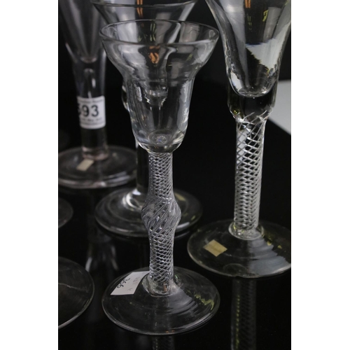 593 - A quantity of 18th and 19th wine and Cordial glasses some with air twist stem decoration single and ... 