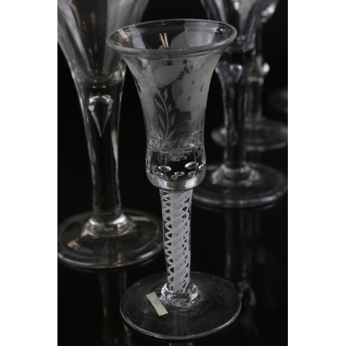 593 - A quantity of 18th and 19th wine and Cordial glasses some with air twist stem decoration single and ... 