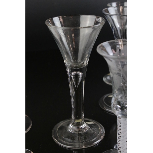 593 - A quantity of 18th and 19th wine and Cordial glasses some with air twist stem decoration single and ... 