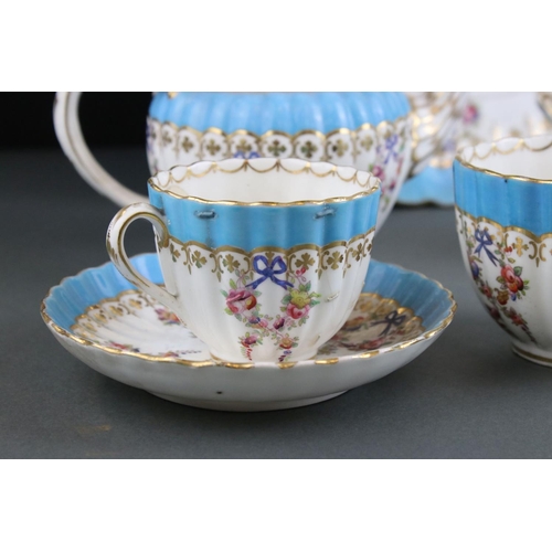 604 - An antique floral decorated bachelor's  tea set with turquoise banding and ribbed decoration.
Part o... 