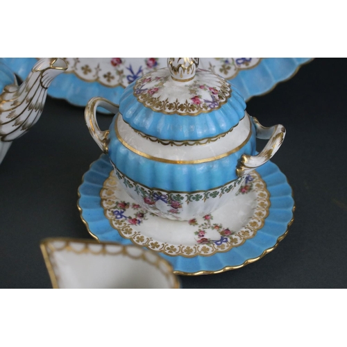 604 - An antique floral decorated bachelor's  tea set with turquoise banding and ribbed decoration.
Part o... 