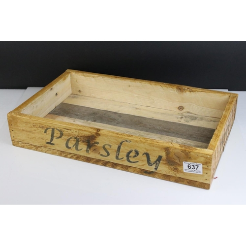 637 - Rustic Wooden Waxed Herb / Seed Box marked Parsley and Herbs, 47cms long