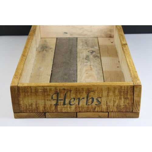 637 - Rustic Wooden Waxed Herb / Seed Box marked Parsley and Herbs, 47cms long