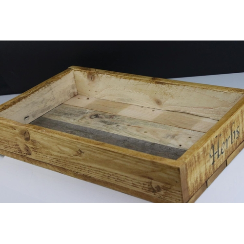 637 - Rustic Wooden Waxed Herb / Seed Box marked Parsley and Herbs, 47cms long