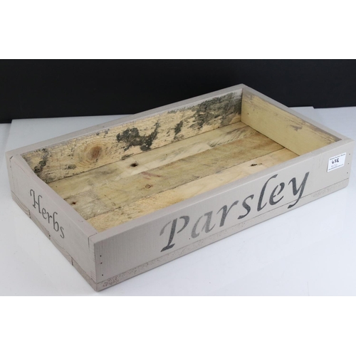 638 - Rustic Wooden Painted Herb / Seed Box marked Parsley and Herbs, 47cms long